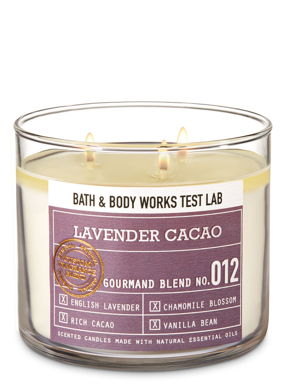 bath body works test lab blend no 012 lavender cacao 3 wick lavender chamomile candle bath and body works
