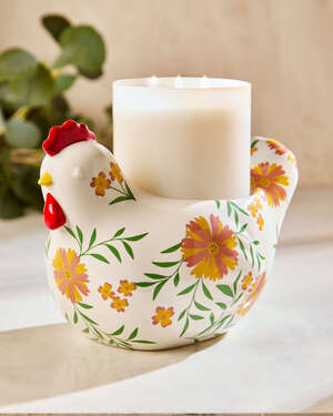 Floral Chicken Pedestal 3-Wick Candle Holder