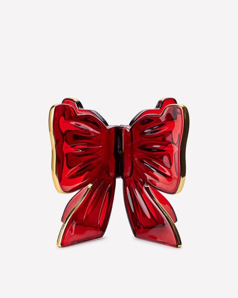 Red Glass Bow Pedestal 3-Wick Candle Holder