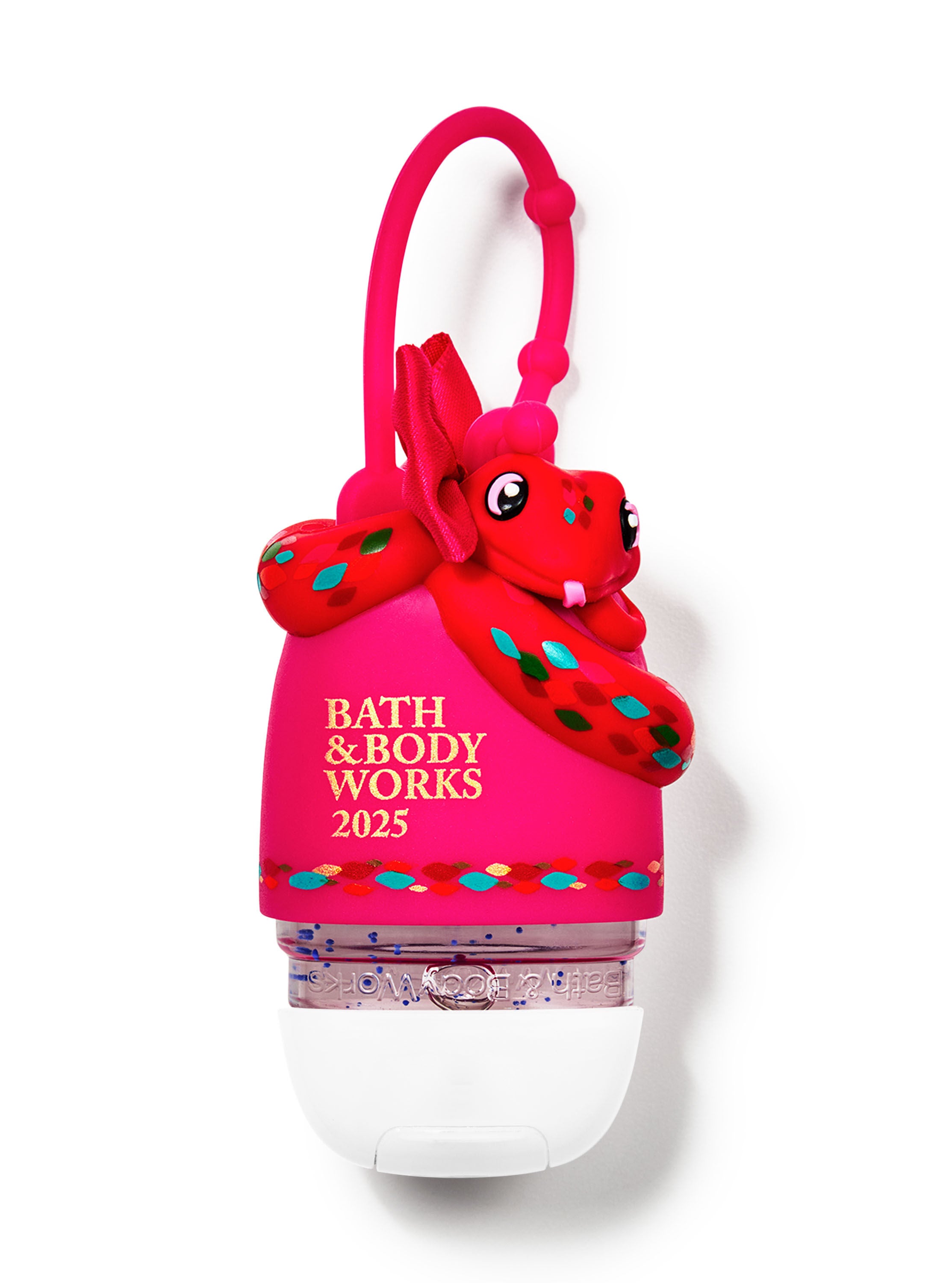 A pink and red hand sanitizer holder with a bottle inside with a white cap