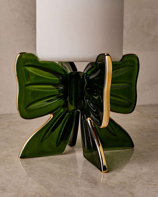 Emerald Glass Bow Pedestal 3-Wick Candle Holder