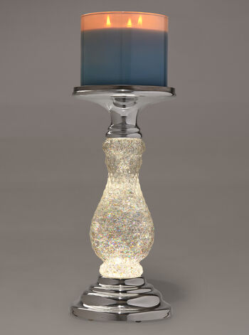 Silver Swirling Glitter Pedestal 3 Wick, White Barn Light Up Candle Holder