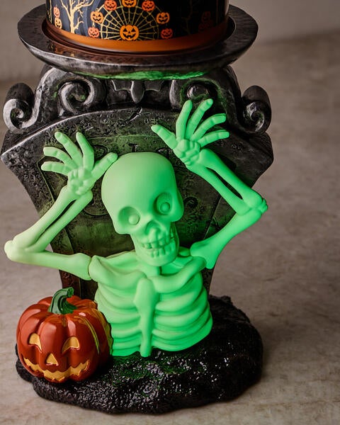 Glow-in-the-Dark Skeleton Boo! Pedestal 3-Wick Candle Holder