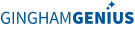 Blue logo that is stylized text and reads Gingham Genius