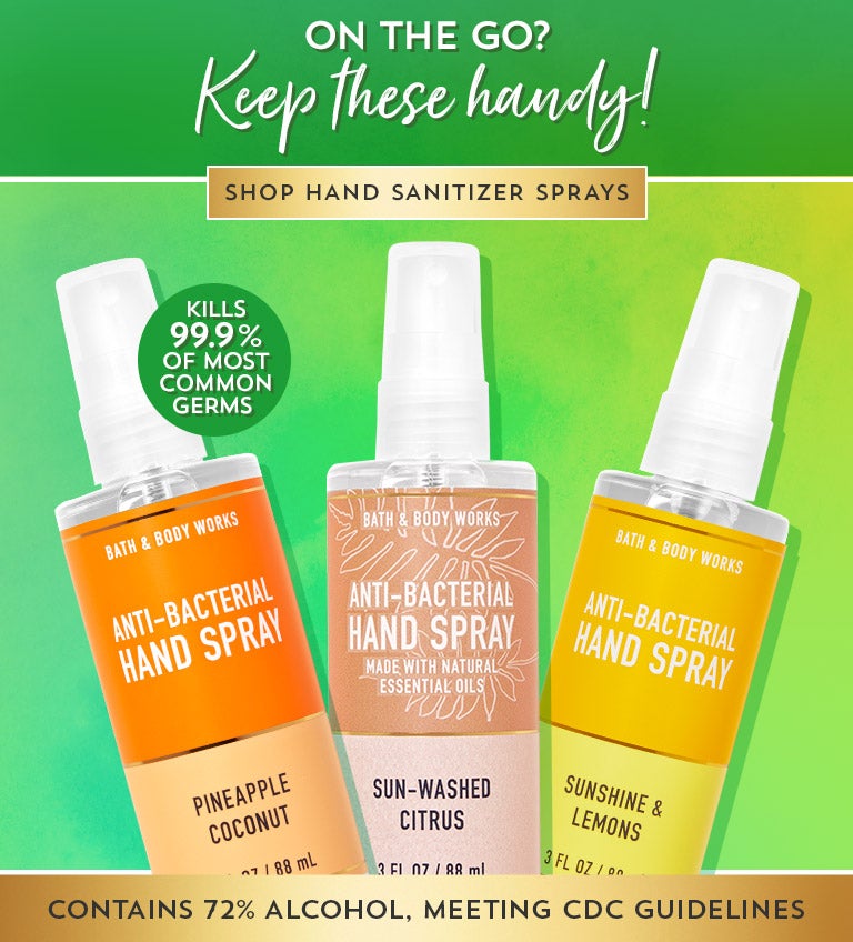 On the go? Keep these handy. Kills 99.9% of most common germs. Contains 72% alcohol, meeting CDC guidelines. Shop hand sanitizer sprays.