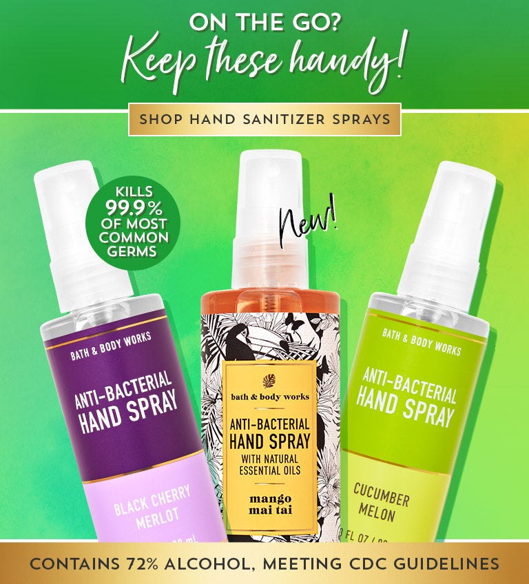 On the go? Keep these handy. Kills 99.9% of most common germs. Contains 72% alcohol, meeting CDC guidelines. Shop hand sanitizer sprays.