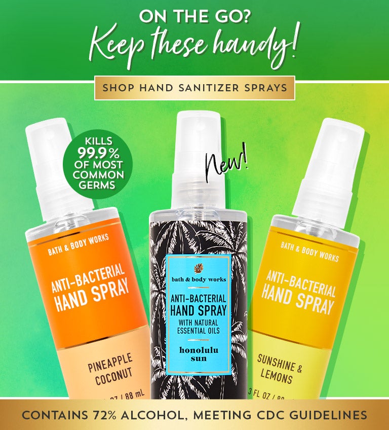On the go? Keep these handy. Kills 99.9% of most common germs. Contains 72% alcohol, meeting CDC guidelines. Shop hand sanitizer sprays.