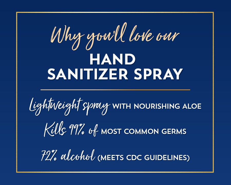 Why you’ll love our hand sanitizer spray: lightweight spray with nourishing aloe, kills 99.9% of most common germs, 72% alcohol (meets CDC guidelines).