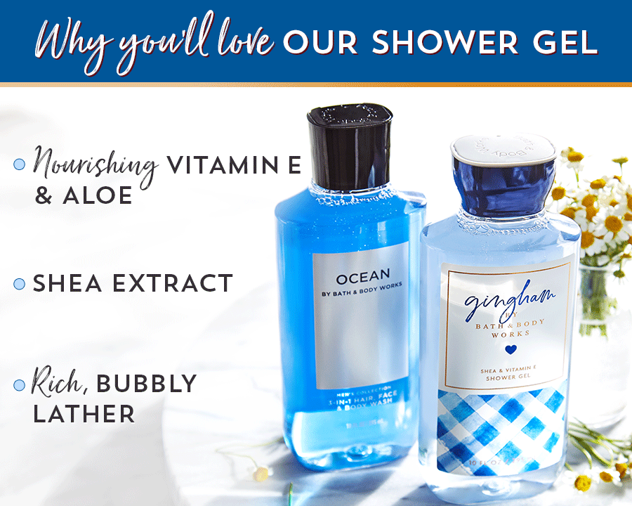 Why you’ll love our shower gel: nourishing vitamin E and aloe, shea extract, rich, bubbly lather.