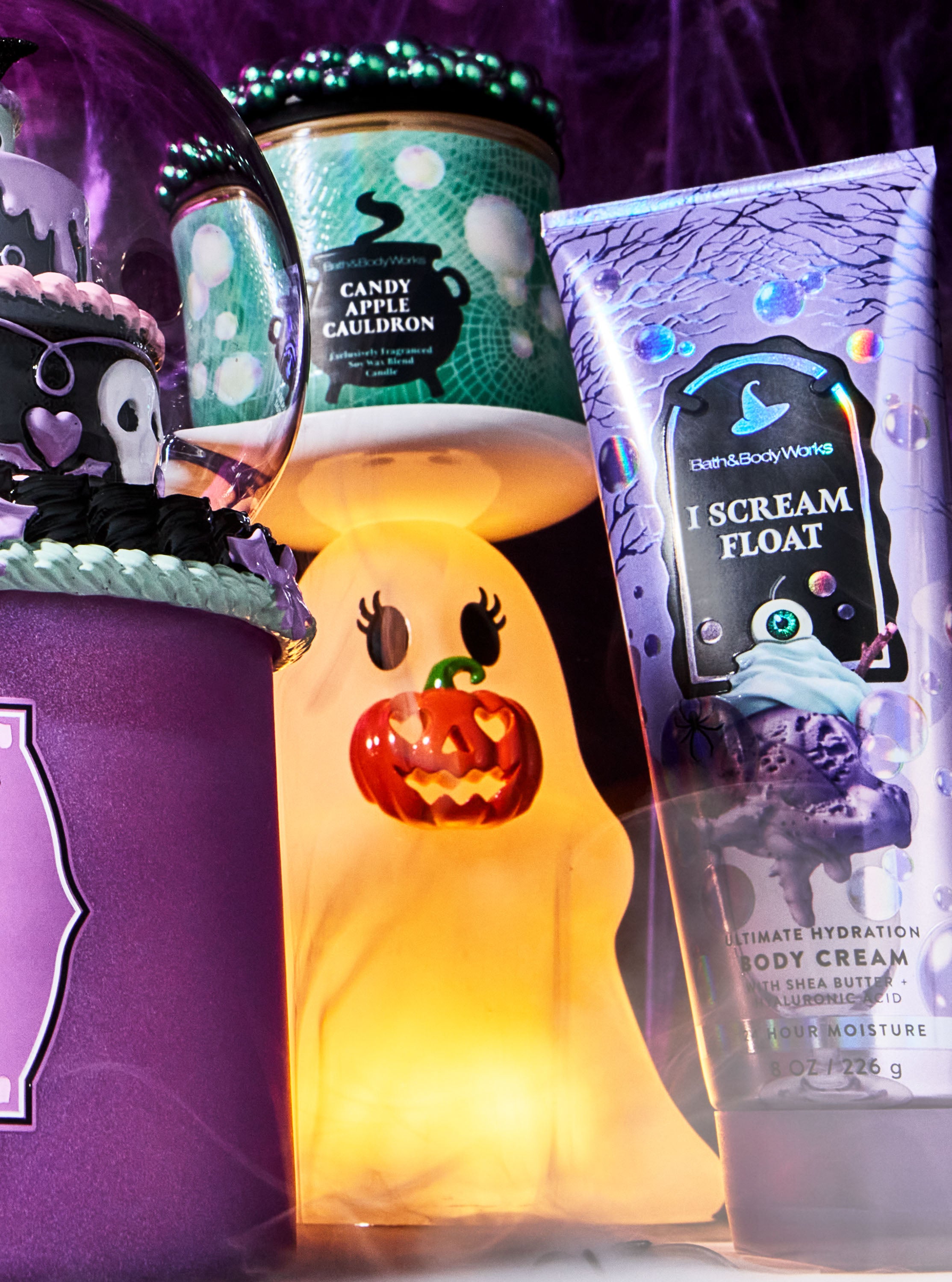 Light-up Ghost Jack-o'-lantern Pedestal 3-Wick Candle Holder